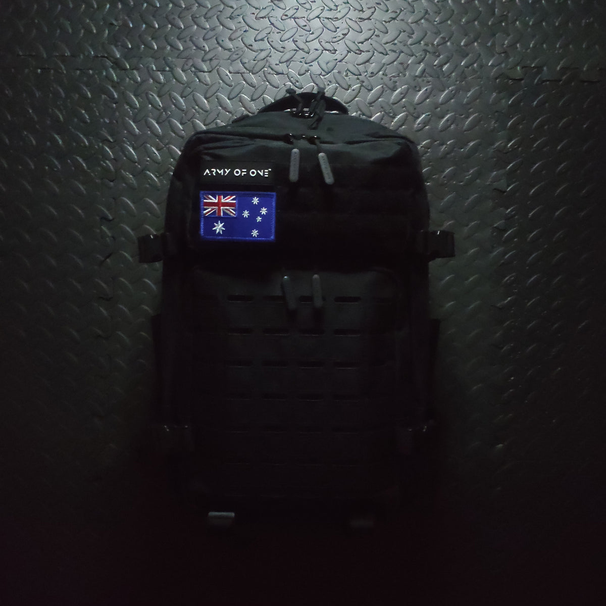 BLACK 45 LITRE ARMY OF ONE BACKPACK WITH VELCRO AUSTRALIAN PATCH ATTACHED