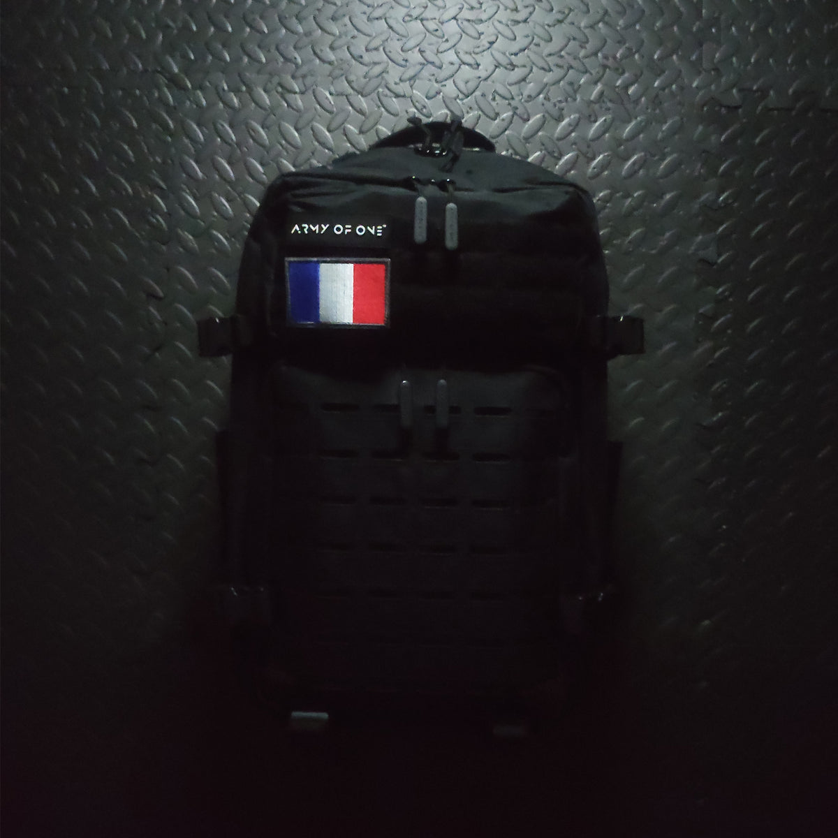 BLACK 45 LITRE ARMY OF ONE BACKPACK WITH VELCRO FRENCH PATCH ATTACHED