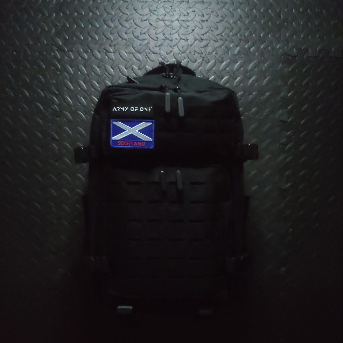 BLACK 45 LITRE ARMY OF ONE BACKPACK WITH VELCRO SCOTLAND PATCH ATTACHED