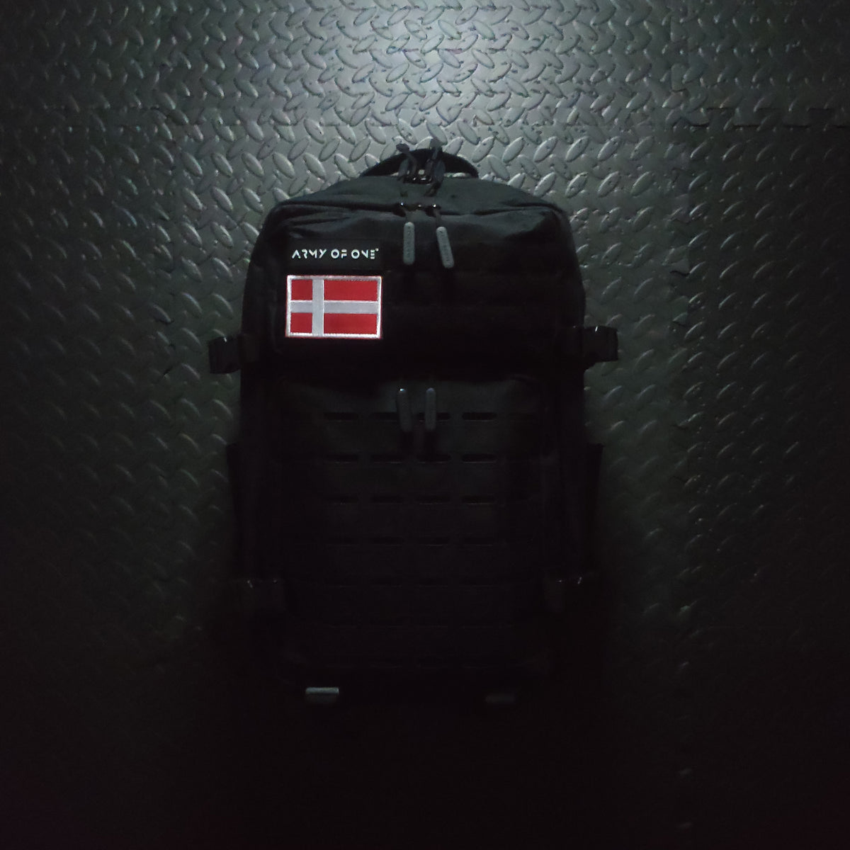 BLACK 45 LITRE ARMY OF ONE BACKPACK WITH VELCRO DANISH PATCH ATTACHED