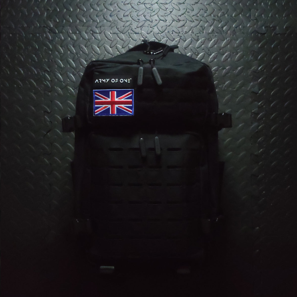 BLACK 45 LITRE ARMY OF ONE BACKPACK WITH VELCRO UNION JACK PATCH ATTACHED