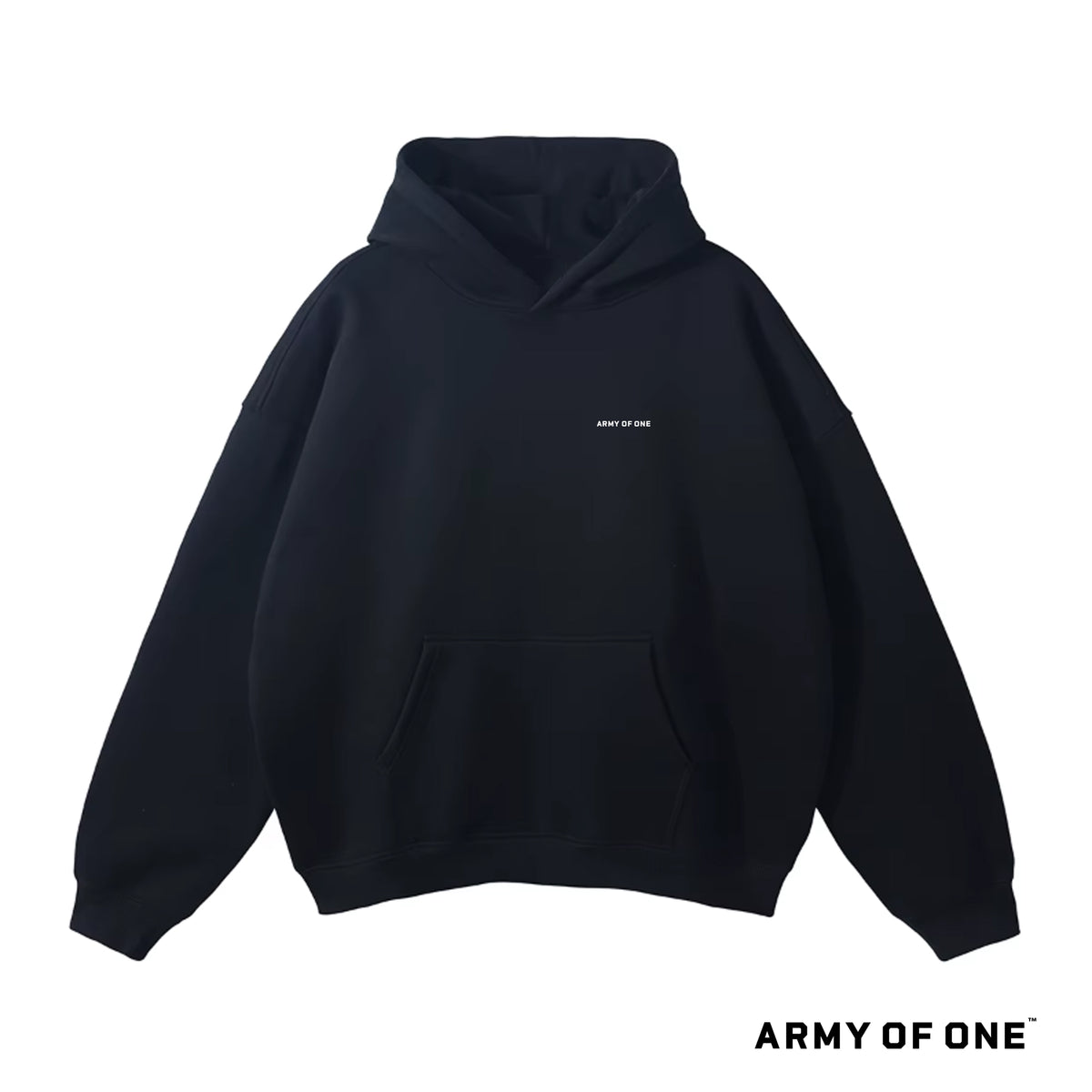 Black hoodie with 'ARMY OF ONE' logo on a white background