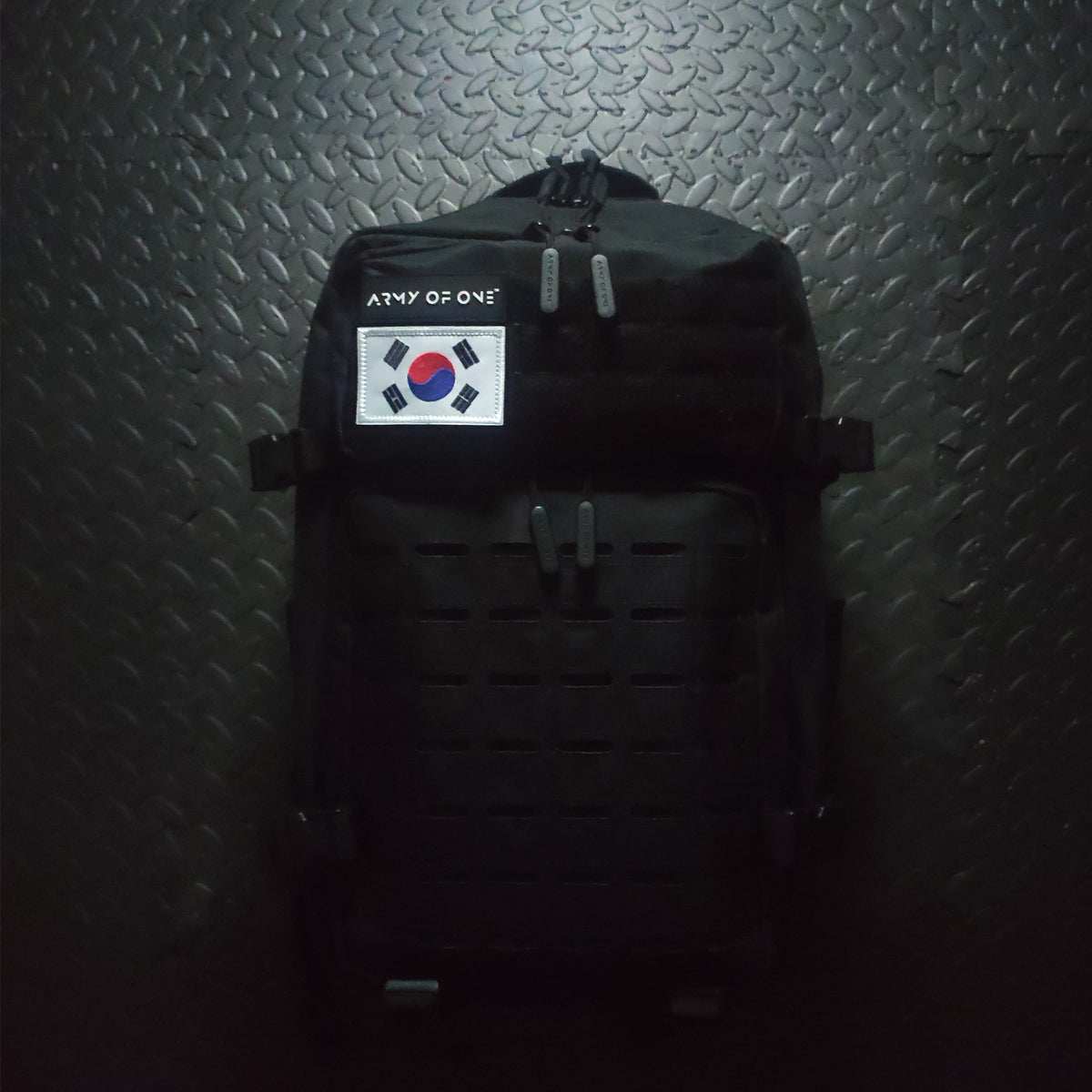 BLACK 45 LITRE ARMY OF ONE BACKPACK WITH VELCRO SOUTH KOREA PATCH ATTACHED