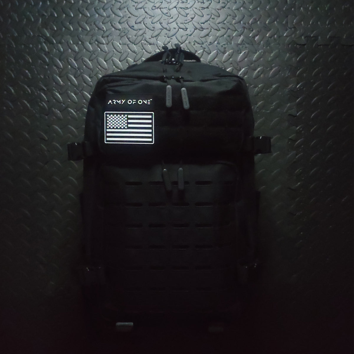 BLACK 45 LITRE ARMY OF ONE BACKPACK WITH PVC RUBBER VELCRO USA BLACK & WHITE PATCH ATTACHED