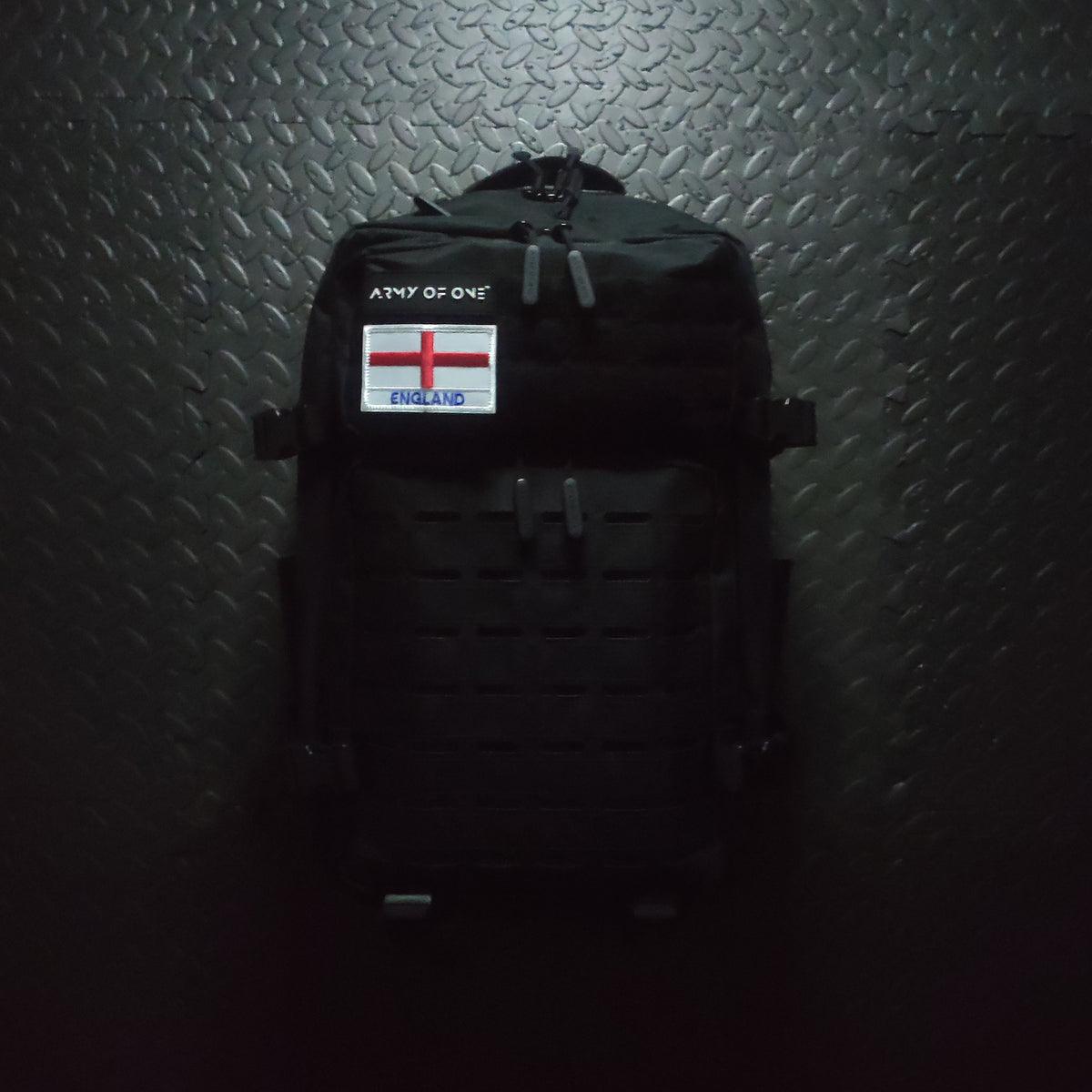 BLACK 45 LITRE ARMY OF ONE BACKPACK WITH VELCRO ENGLISH PATCH ATTACHED