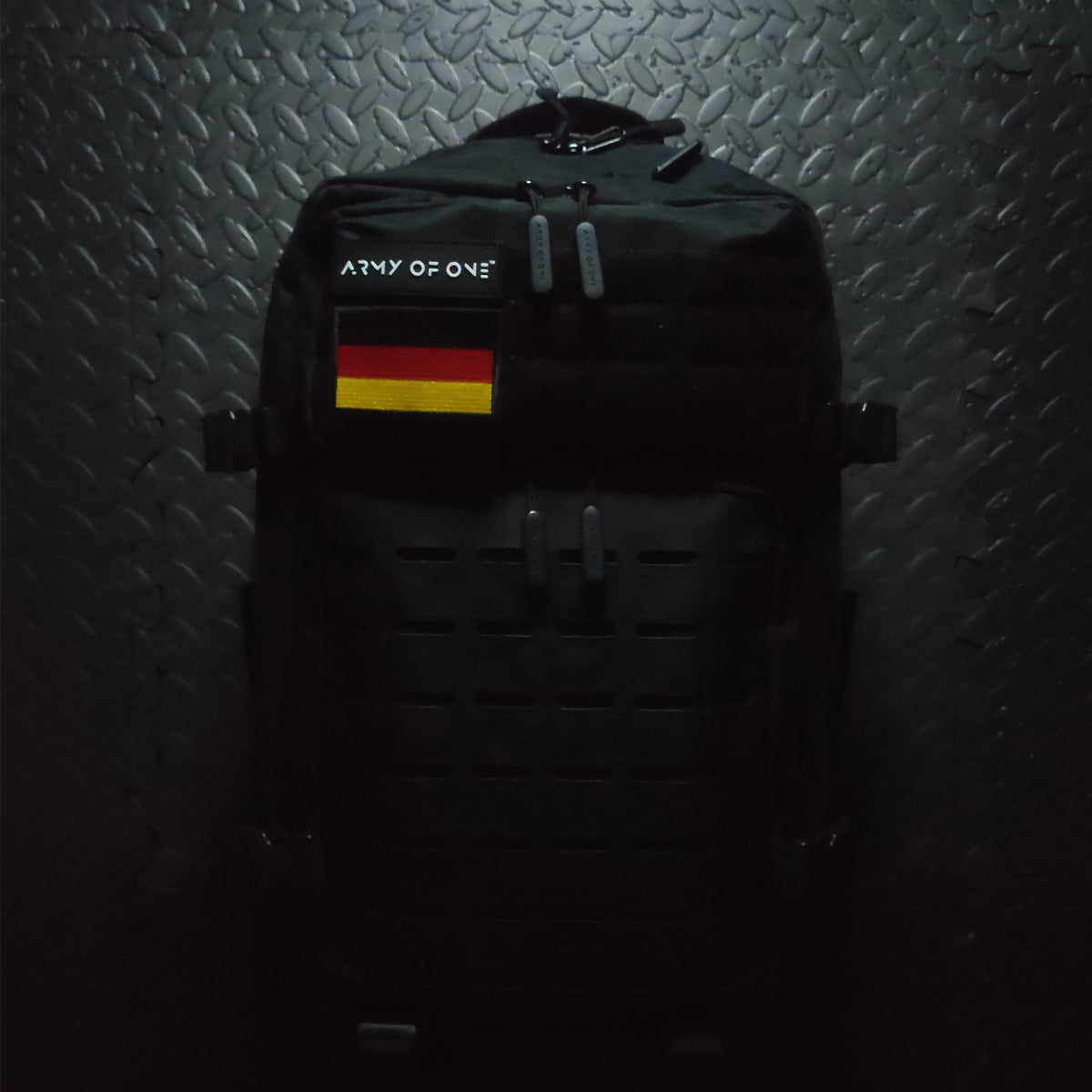BLACK 45 LITRE ARMY OF ONE BACKPACK WITH VELCRO GERMAN PATCH ATTACHED