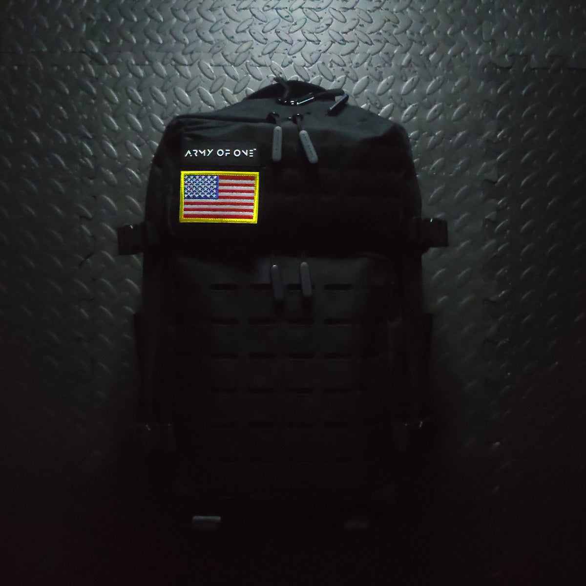 BLACK 45 LITRE ARMY OF ONE BACKPACK WITH VELCRO USA PATCH ATTACHED