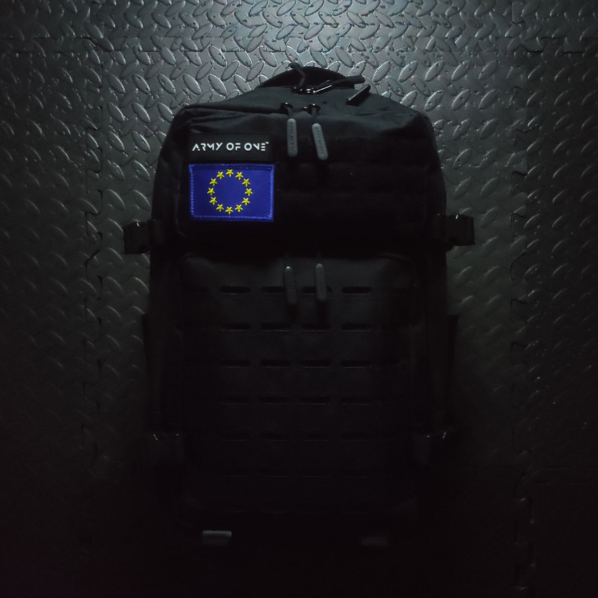 BLACK 45 LITRE ARMY OF ONE BACKPACK WITH VELCRO EUROPE PATCH ATTACHED