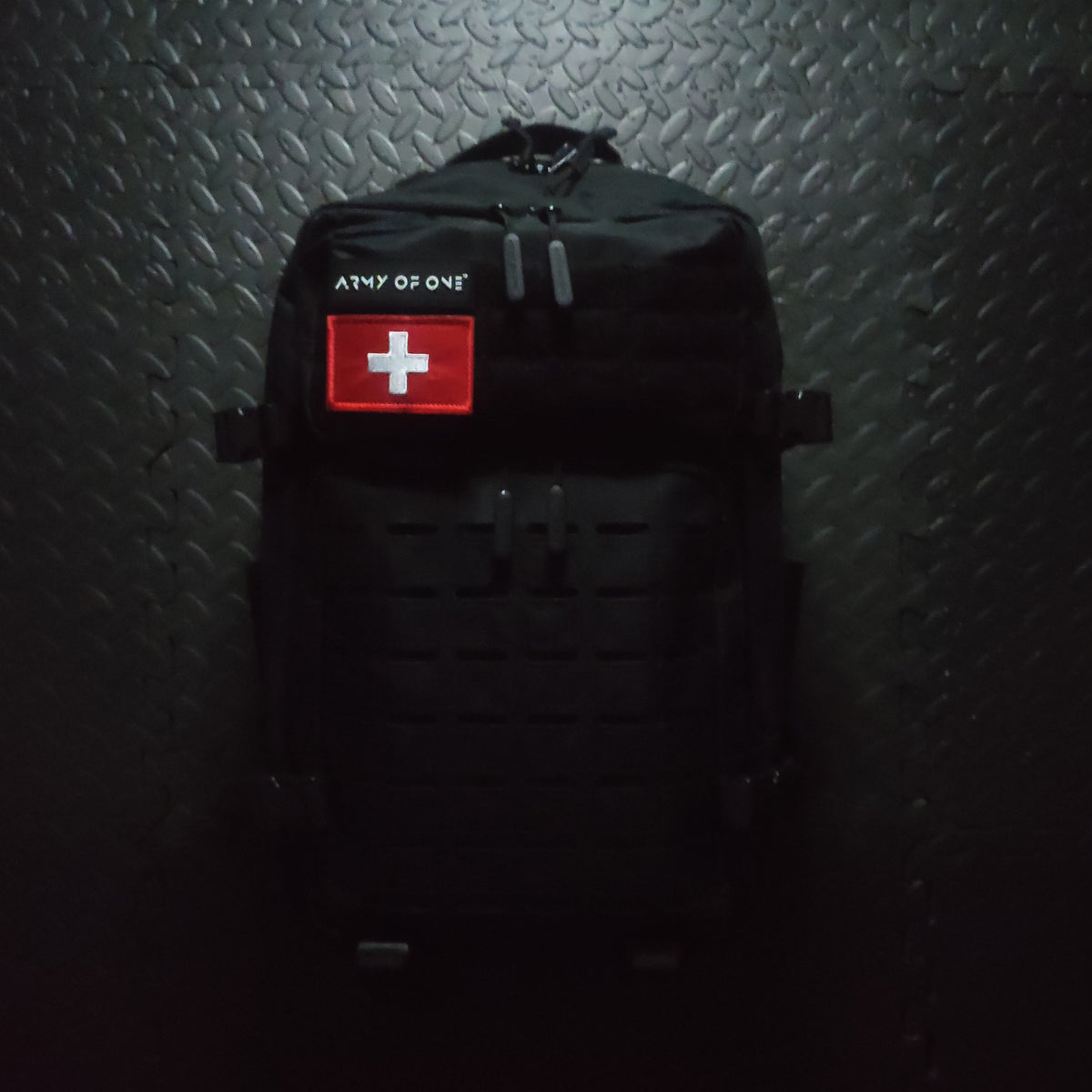 BLACK 45 LITRE ARMY OF ONE BACKPACK WITH VELCRO SWISS PATCH ATTACHED